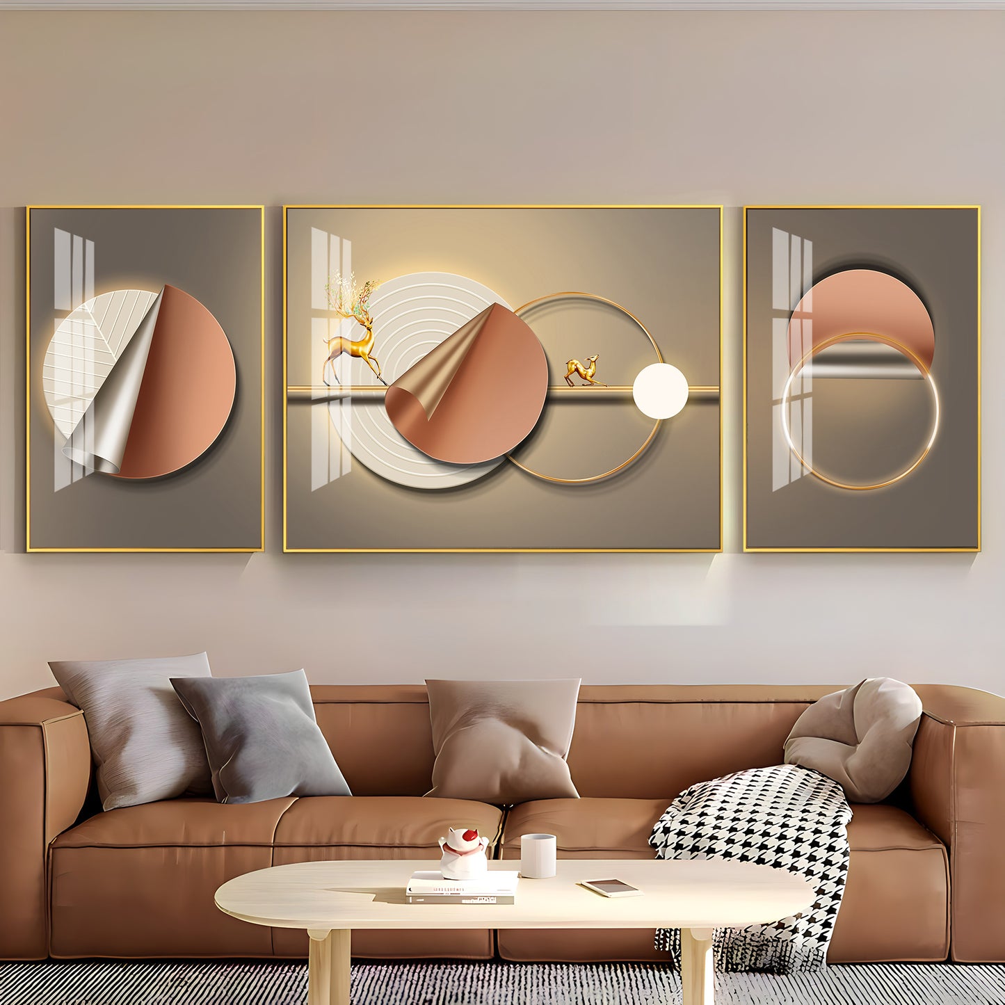 Golden Horizon Glass Finish Wall Art (Set Of 3)