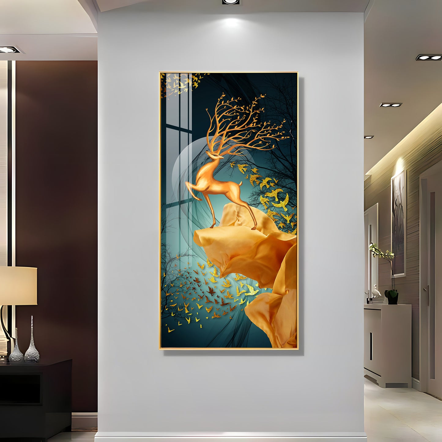 Golden Deer Jumping Glass Finish Vertical Wall Art