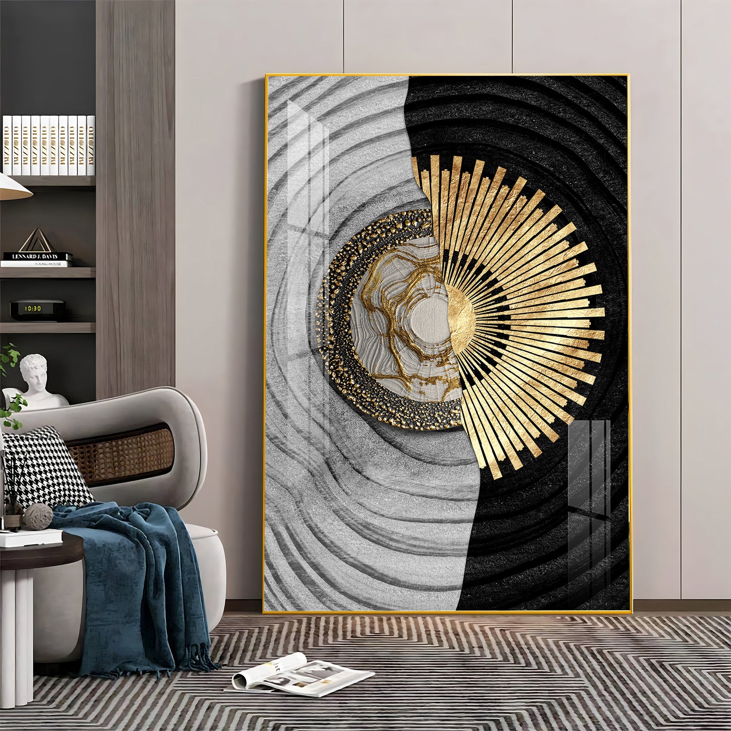 Golden Elegance Glass Finish Vertical Wall Art