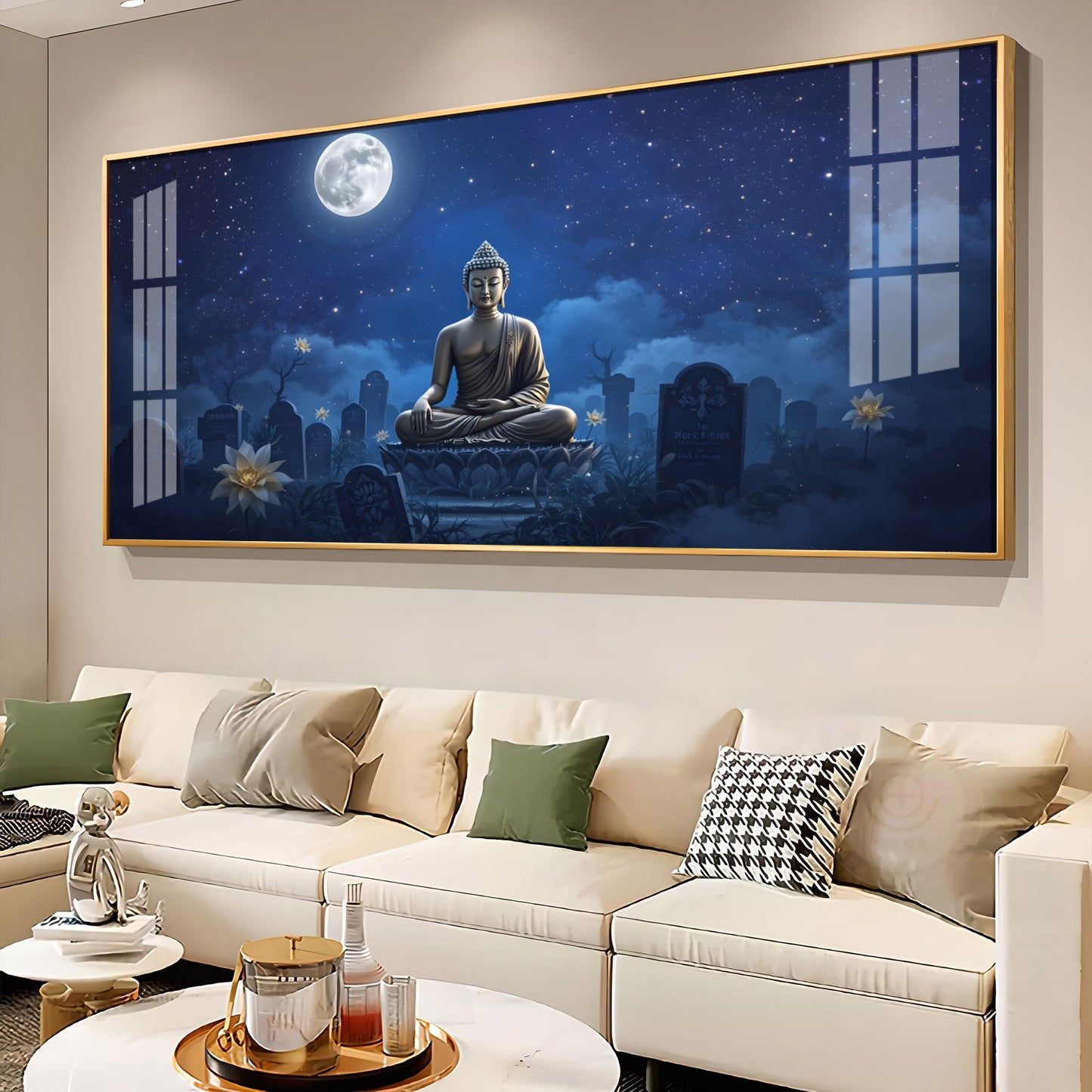 Buddha In Moonlight Glass Finish Horizontal Wall Art