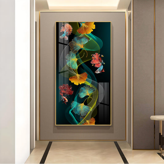Leafy Waterscape Glass Finish Vertical Wall Art