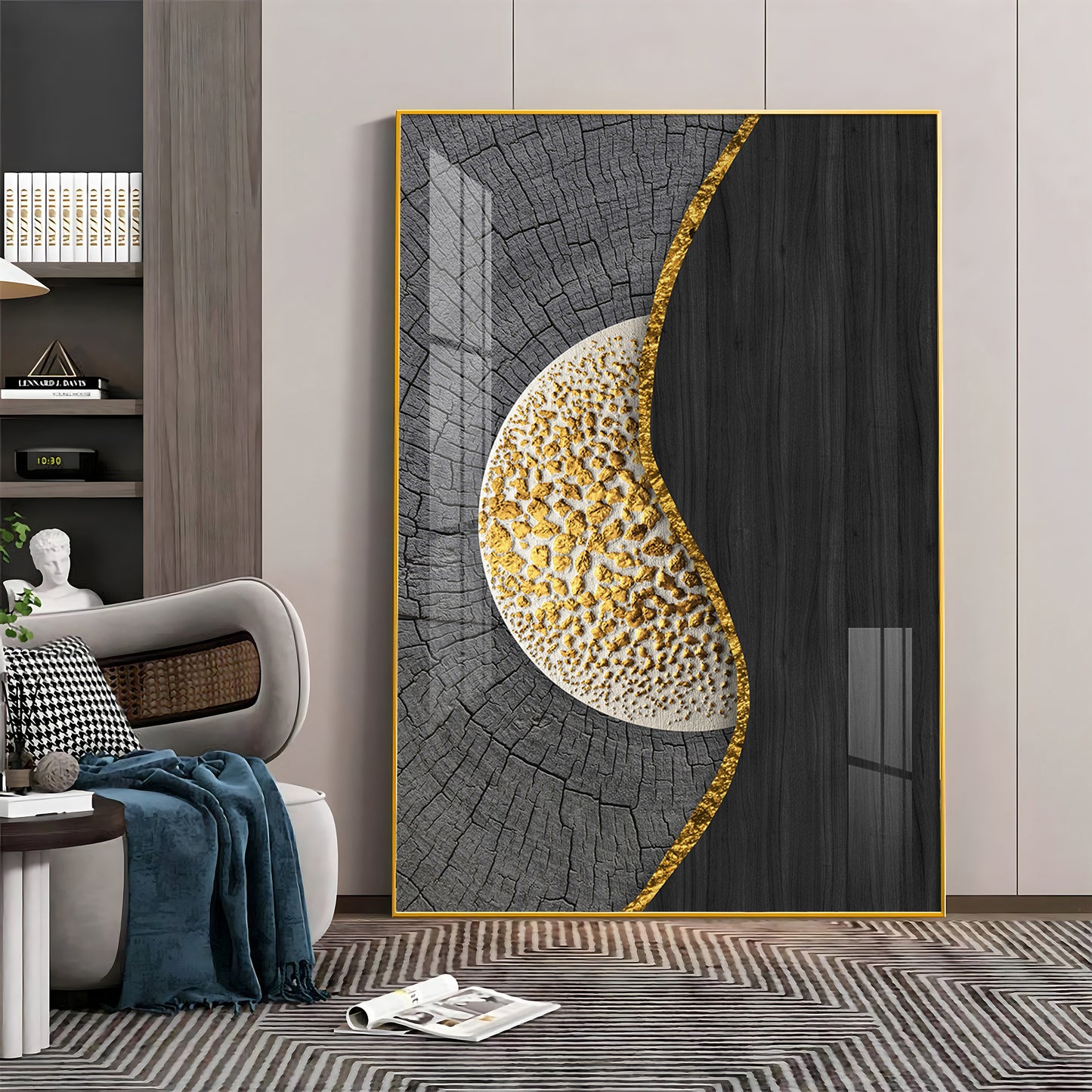 Golden Harmony Glass Finish Vertical Wall Art
