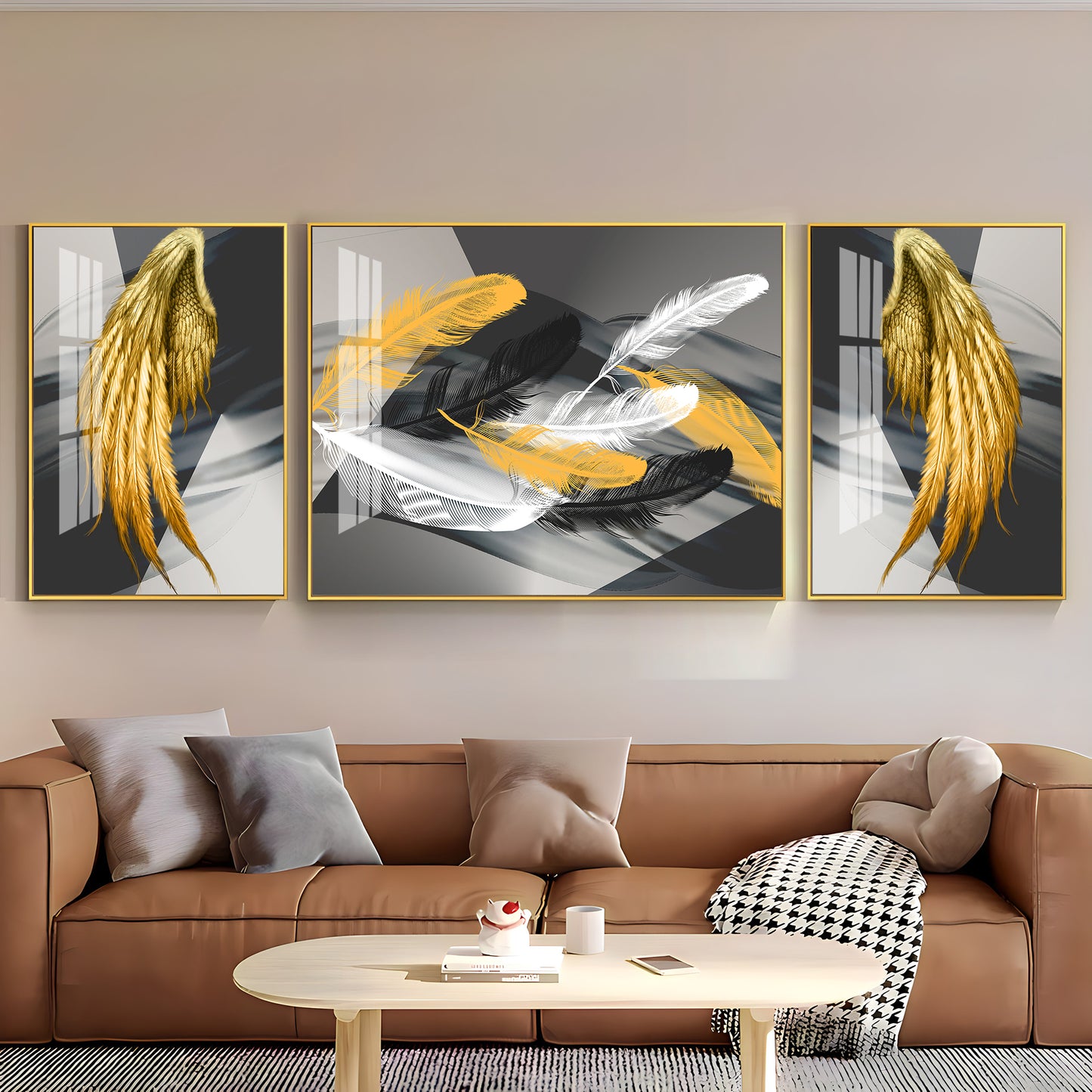 Golden & White Feather Glass Finish Wall Art (Set Of 3)