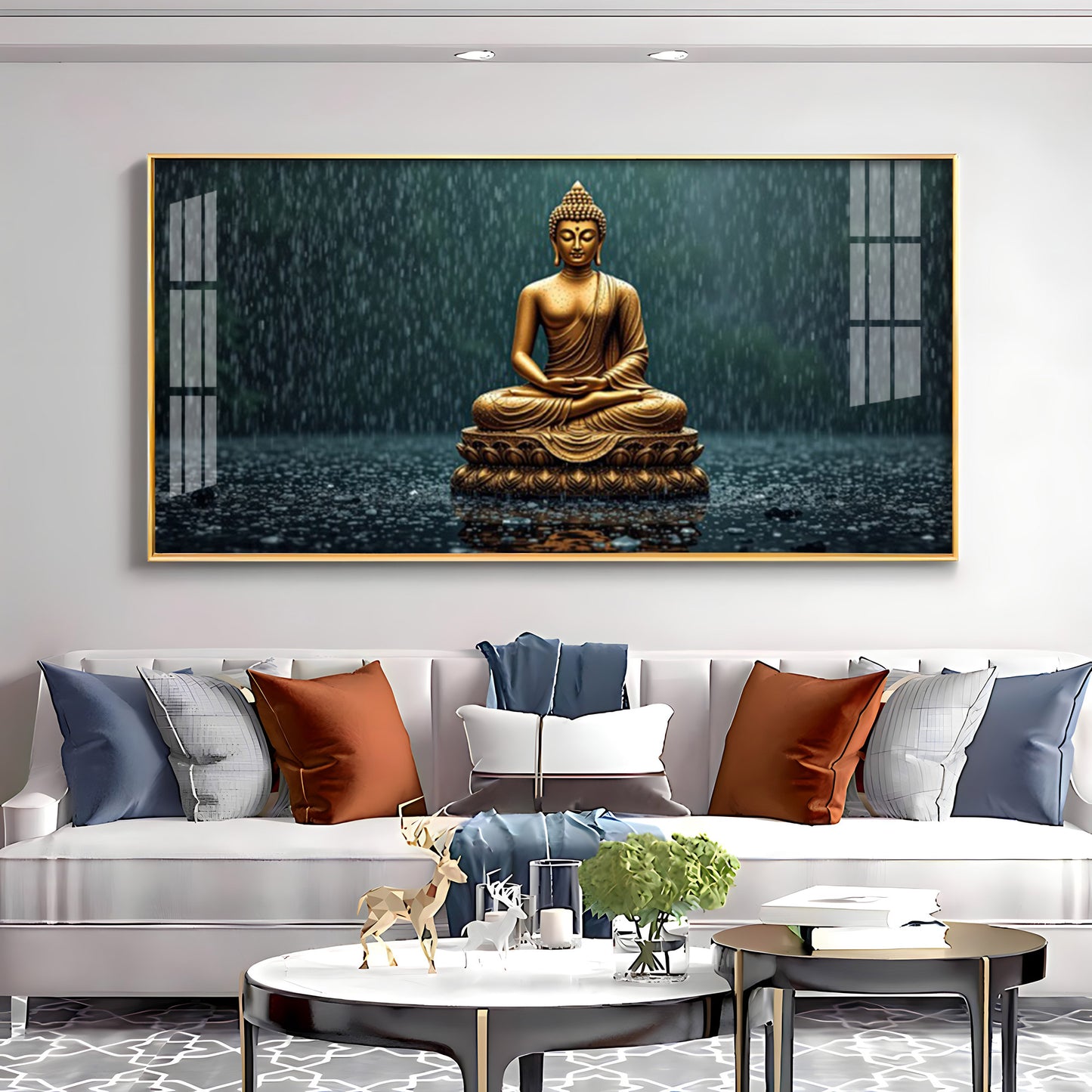 Golden Calm Budha Glass Finish Horizontal Wall Art