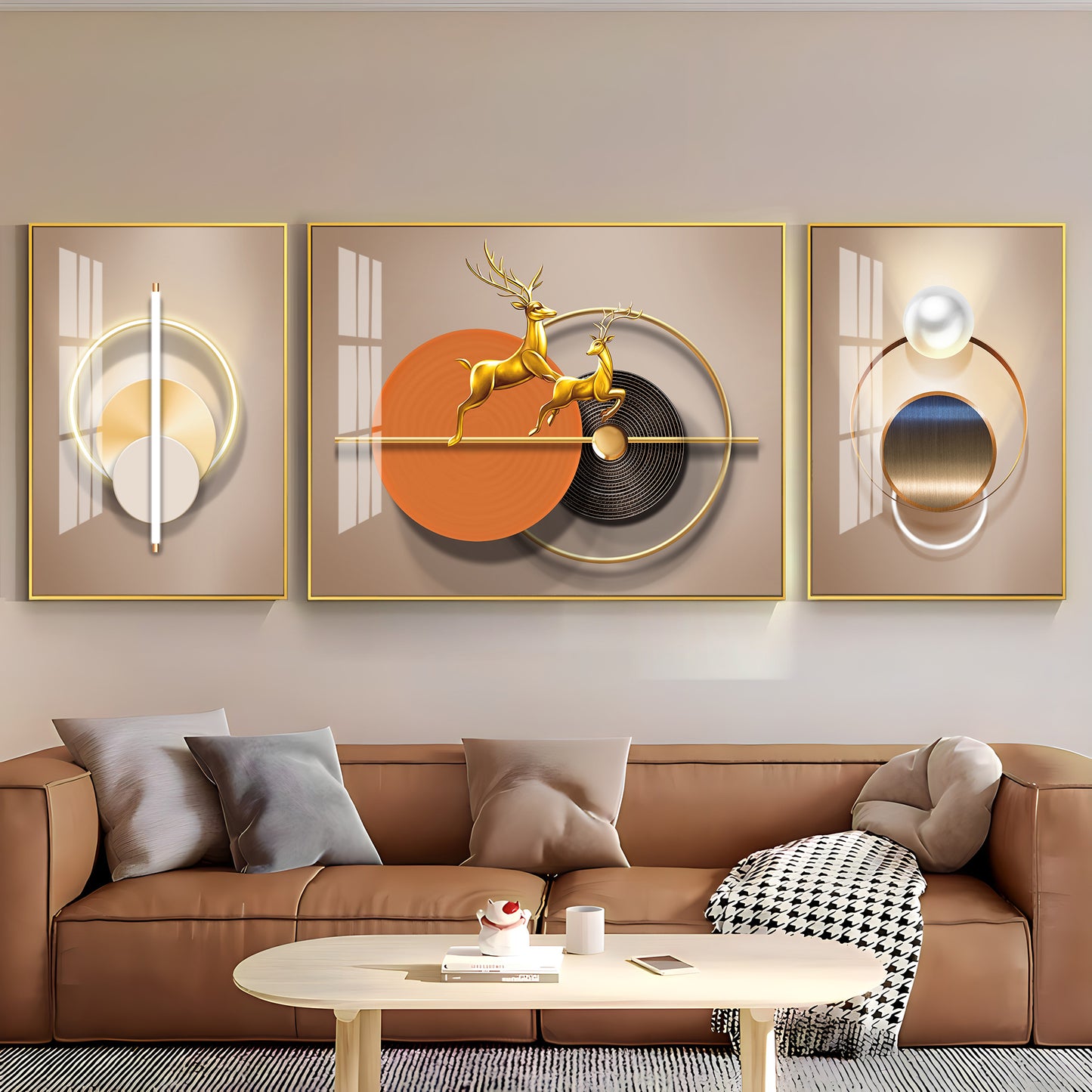 Golden Dancing Deer Glass Finish Wall Art (Set Of 3)