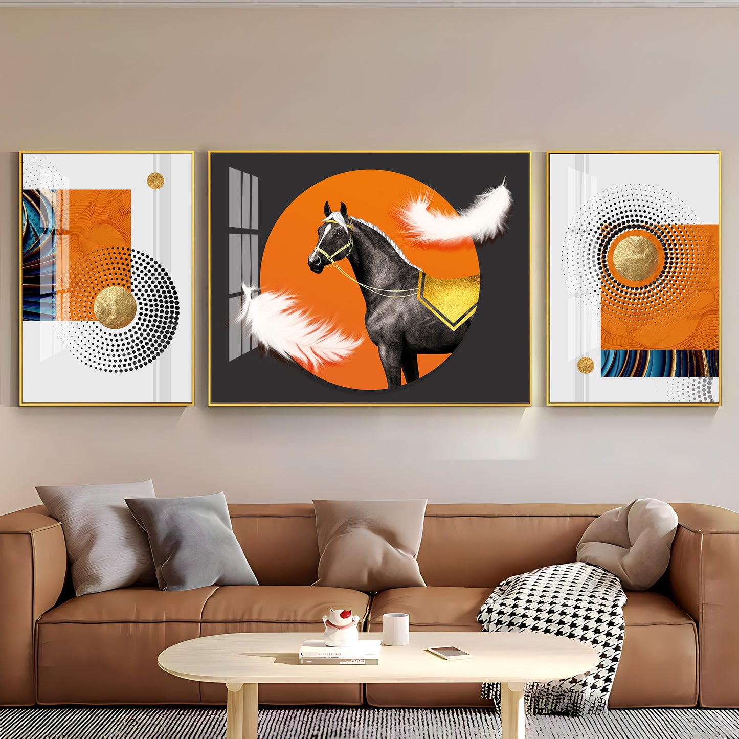 Horse & Feather Glass Finish Wall Art (Set Of 3)