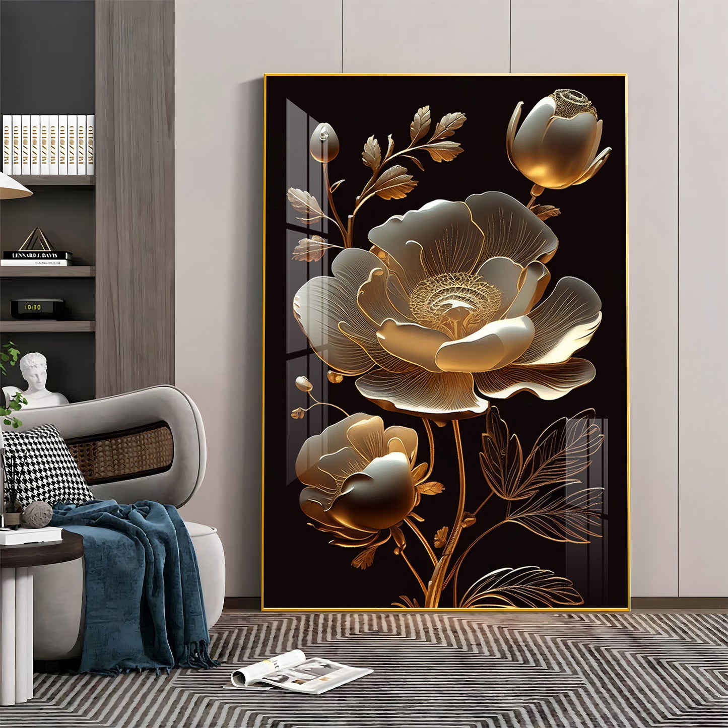 Midnight Floral Symphony Glass Finish Vertical Wall Art
