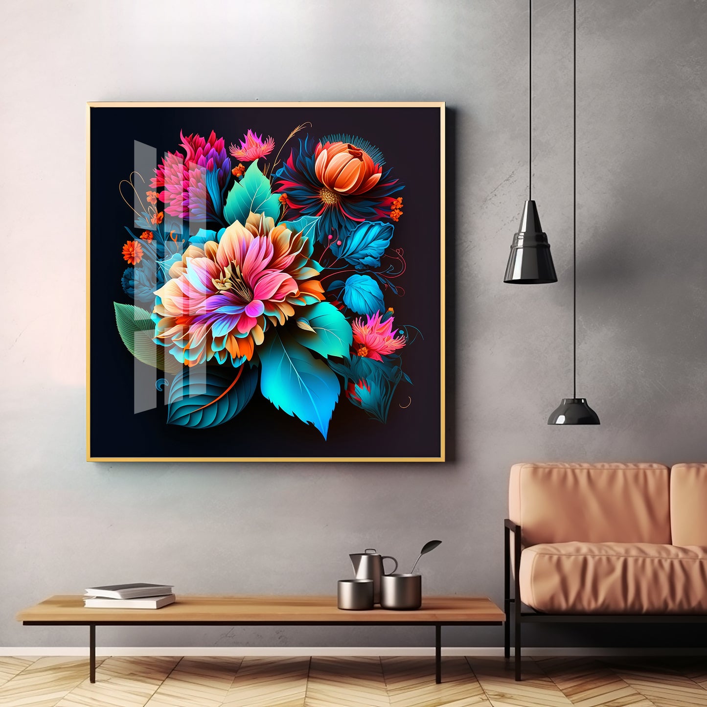 Blossom Noir Glass Finish Square Wall Art