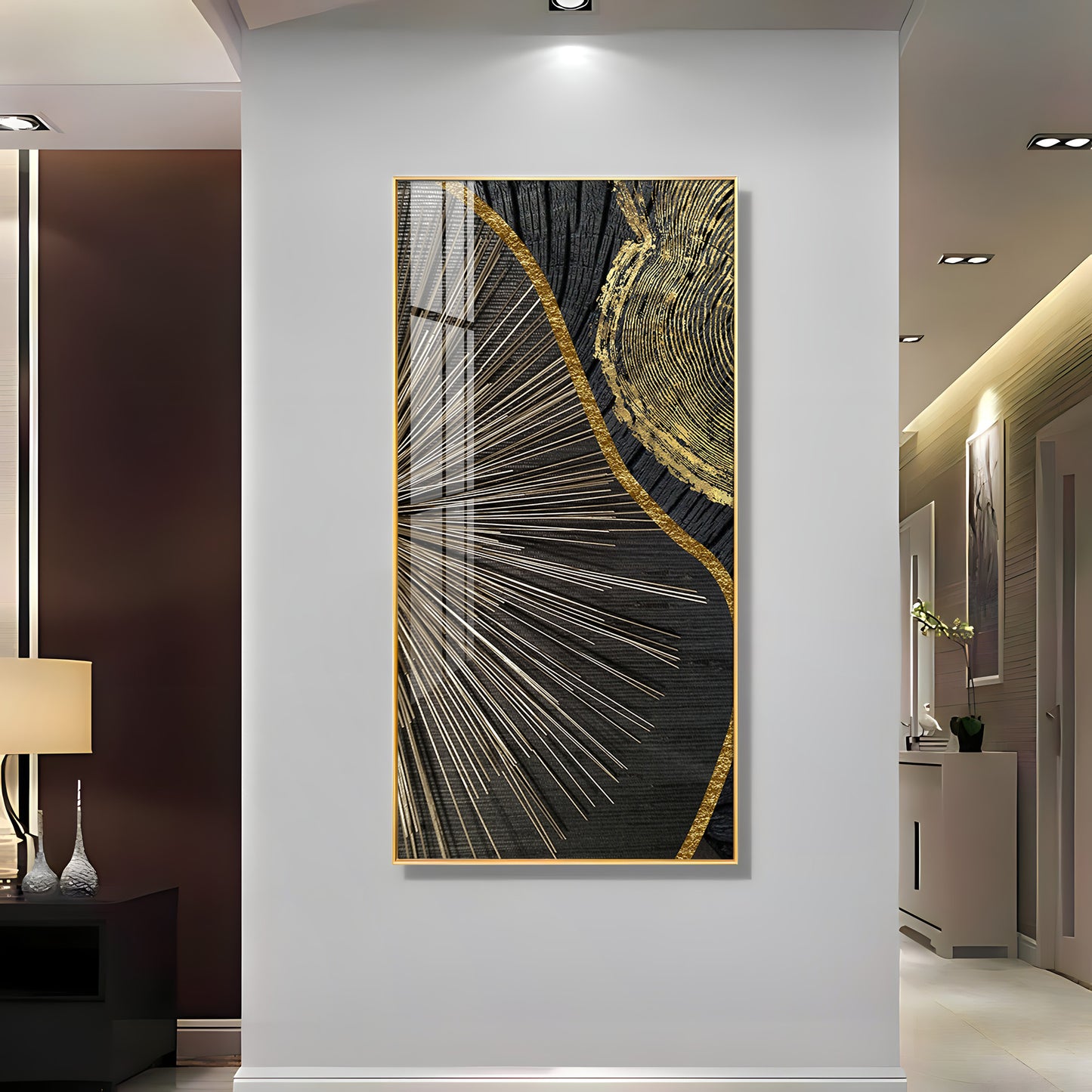 Golden Abyss Glass Finish Vertical Wall Art