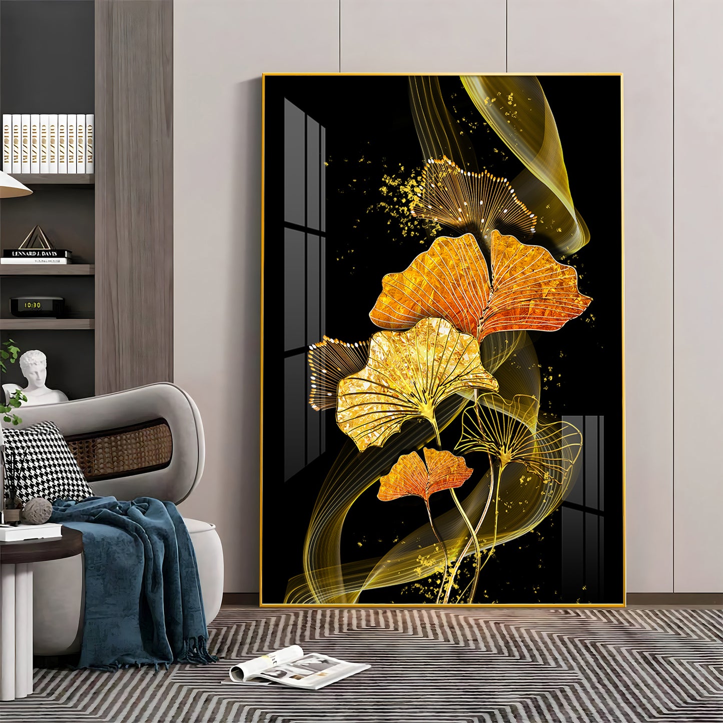 Golden Elegance Bloom Glass Finish Vertical Wall Art