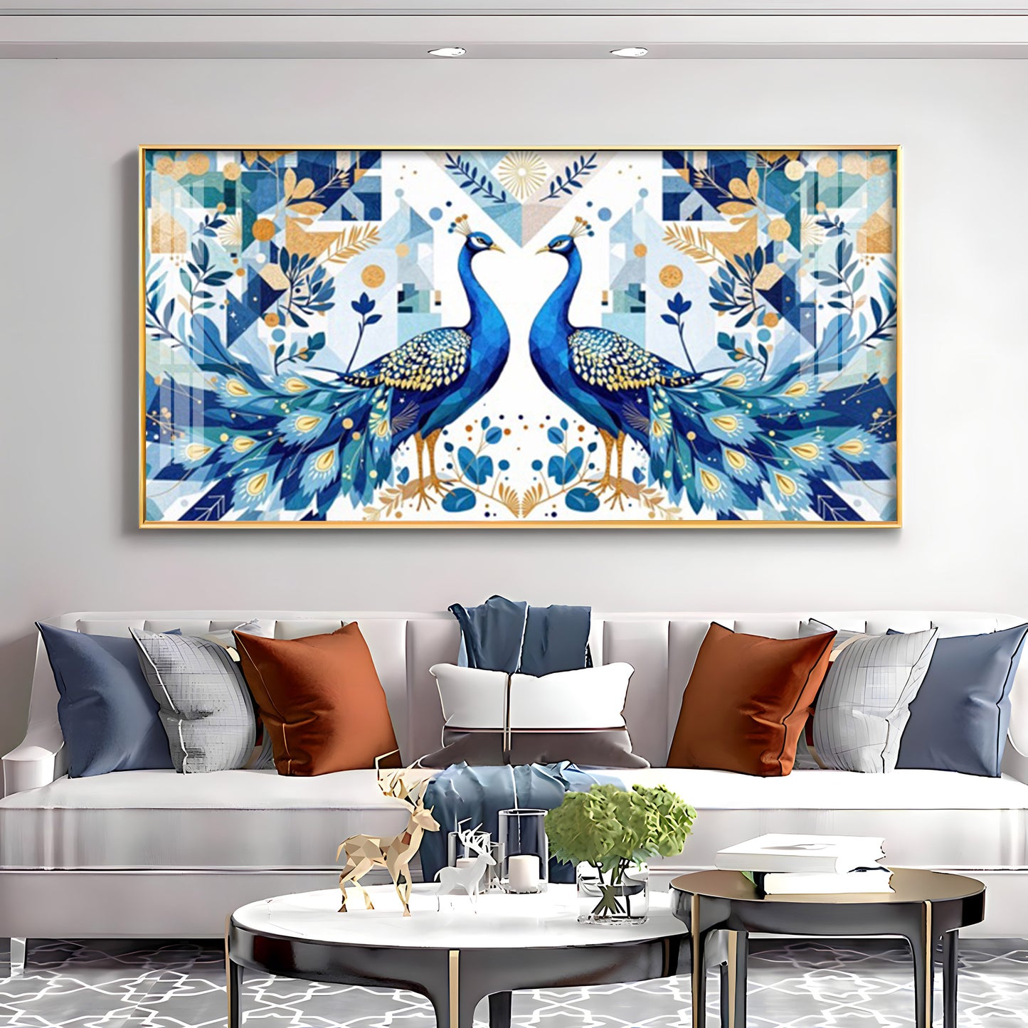 Two Peacock Looking Each Other Glass Finish Horizontal Wall Art