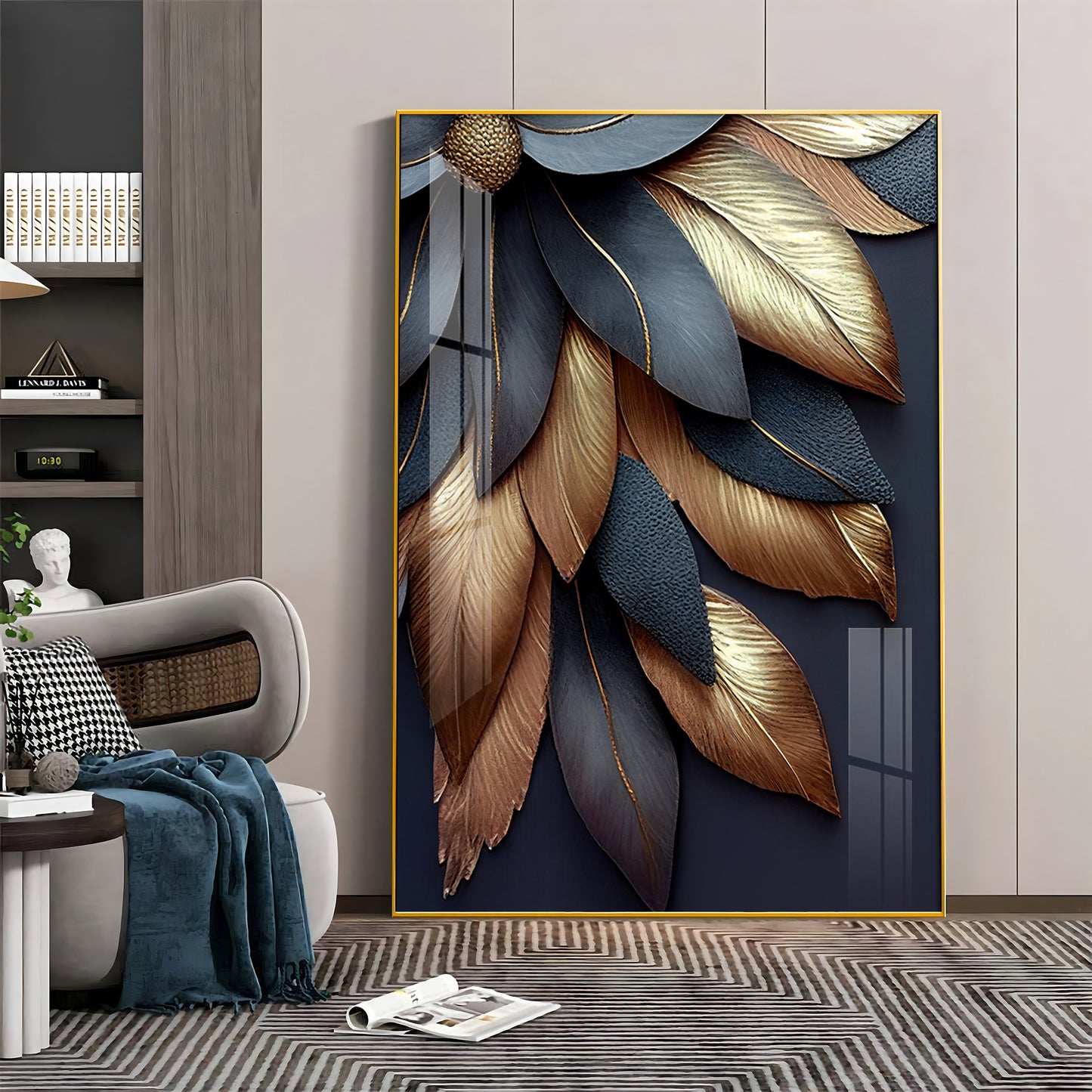 Golden Petal Elegance Glass Finish Vertical Wall Art