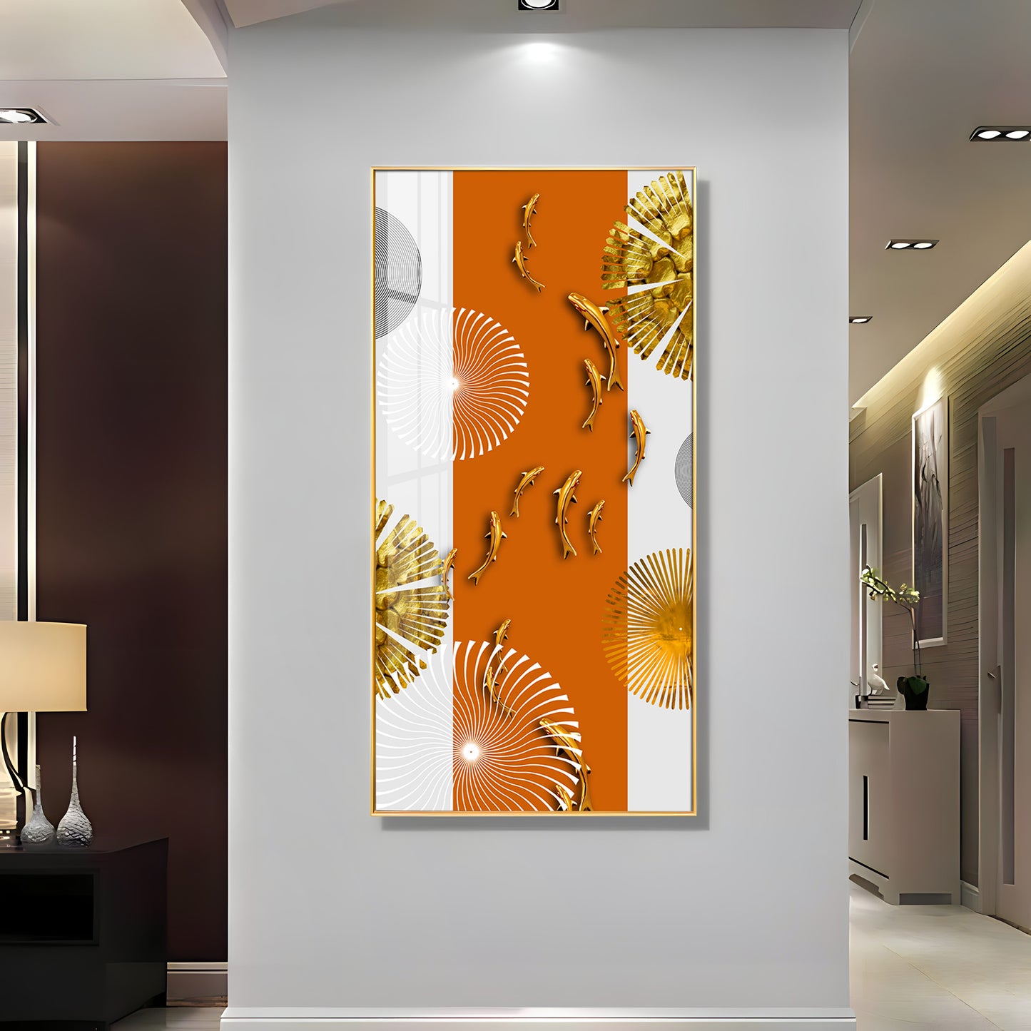 Orange And White Elegance Glass Finish Vertical Wall Art