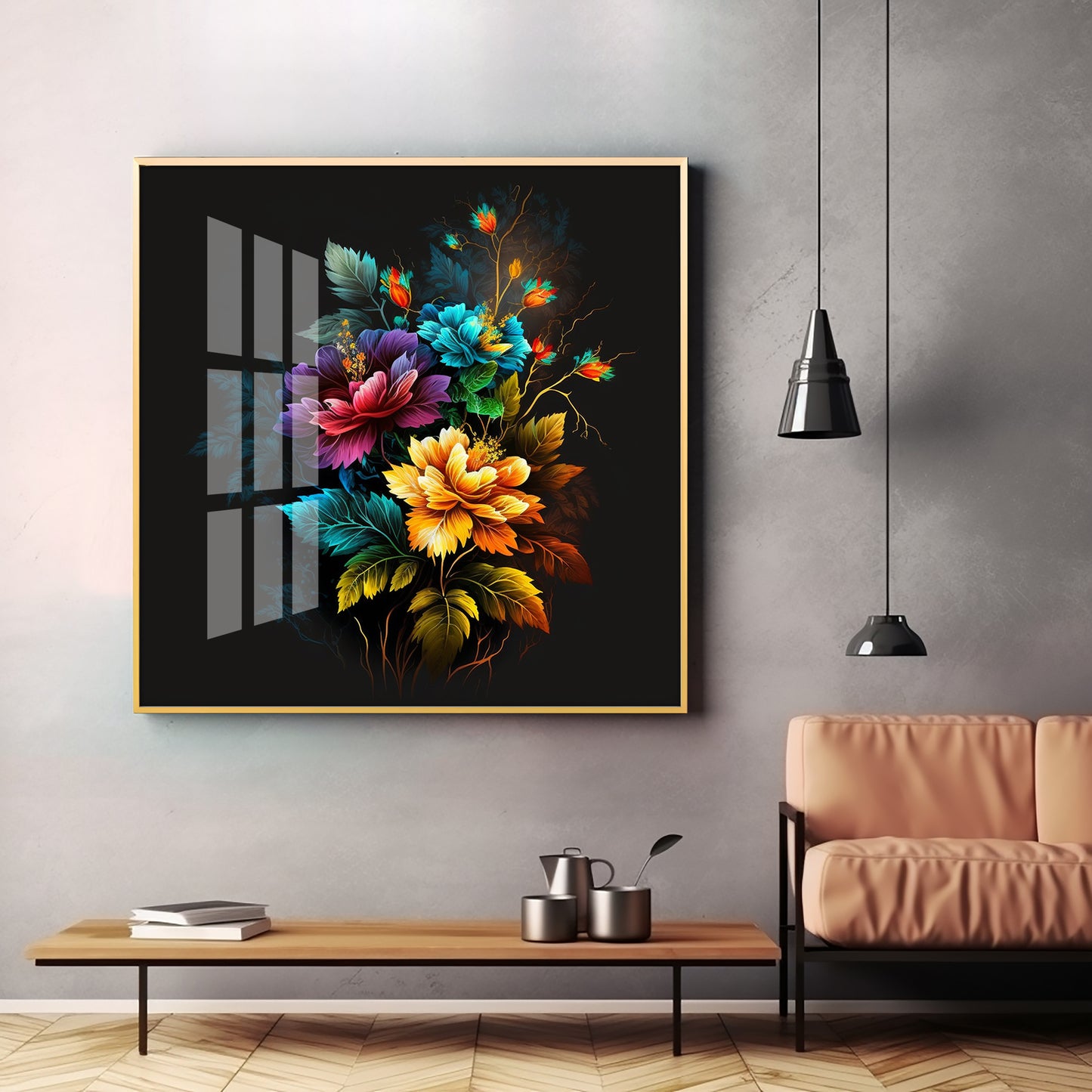 Dark Floral Symphony Glass Finish Square Wall Art