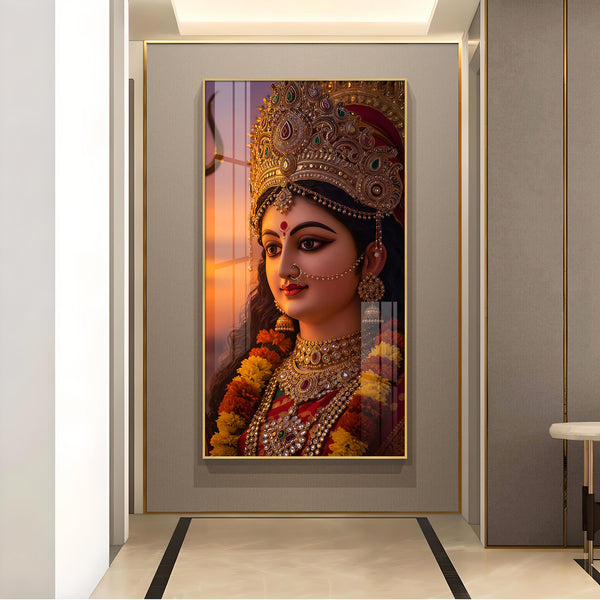 Maa Durga Glass Finish Vertical Wall Art