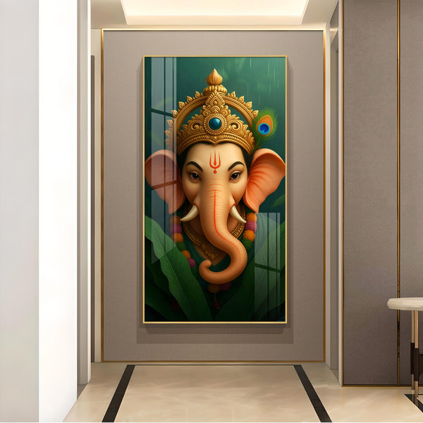 Vibrant Lord ganesha Artwork Glass Finish Vertical Wall Art