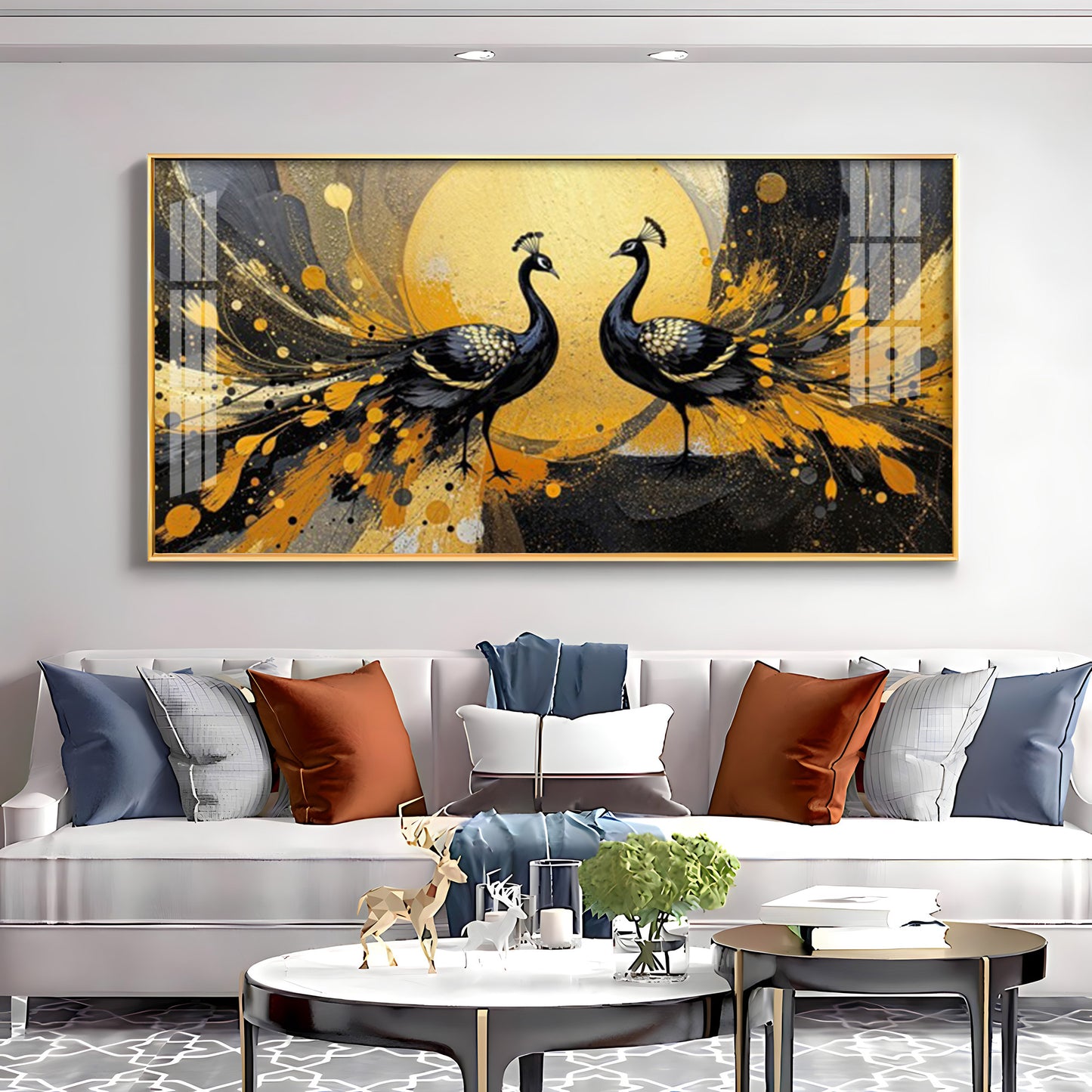 Abstract Two Peacock Looking Each Other Glass Finish Horizontal Wall Art