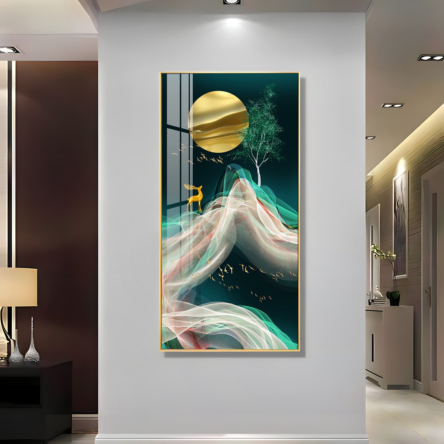 Deer with Golden Moon Glass Finish Vertical Wall Art