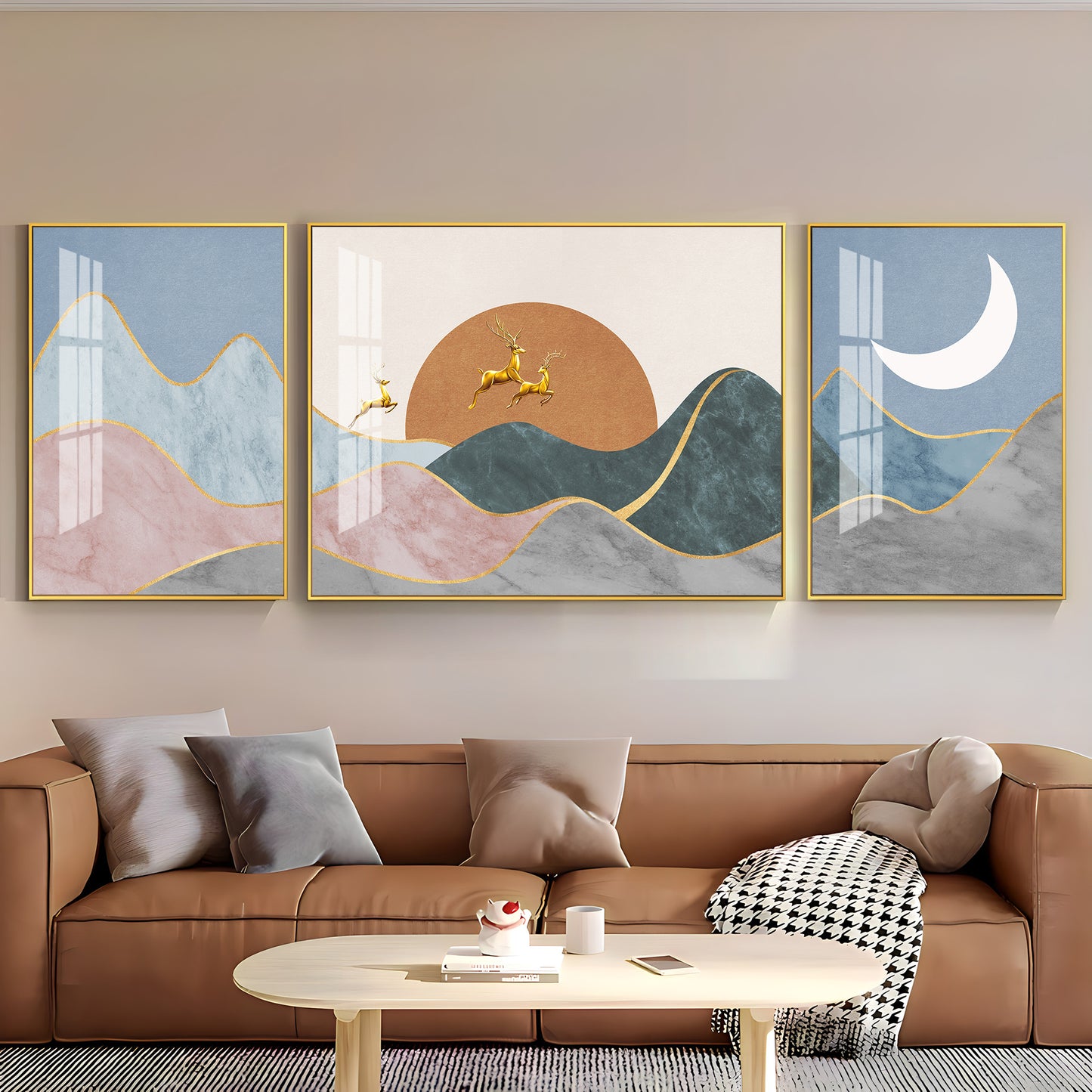 Deer In Mountain Glass Finish Wall Art (Set Of 3)