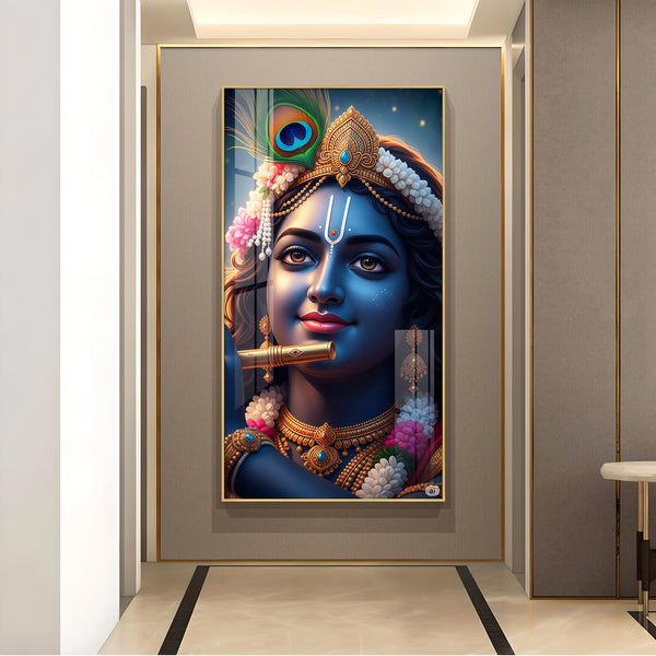 Krishna Flute Glass Finish Vertical Wall Art