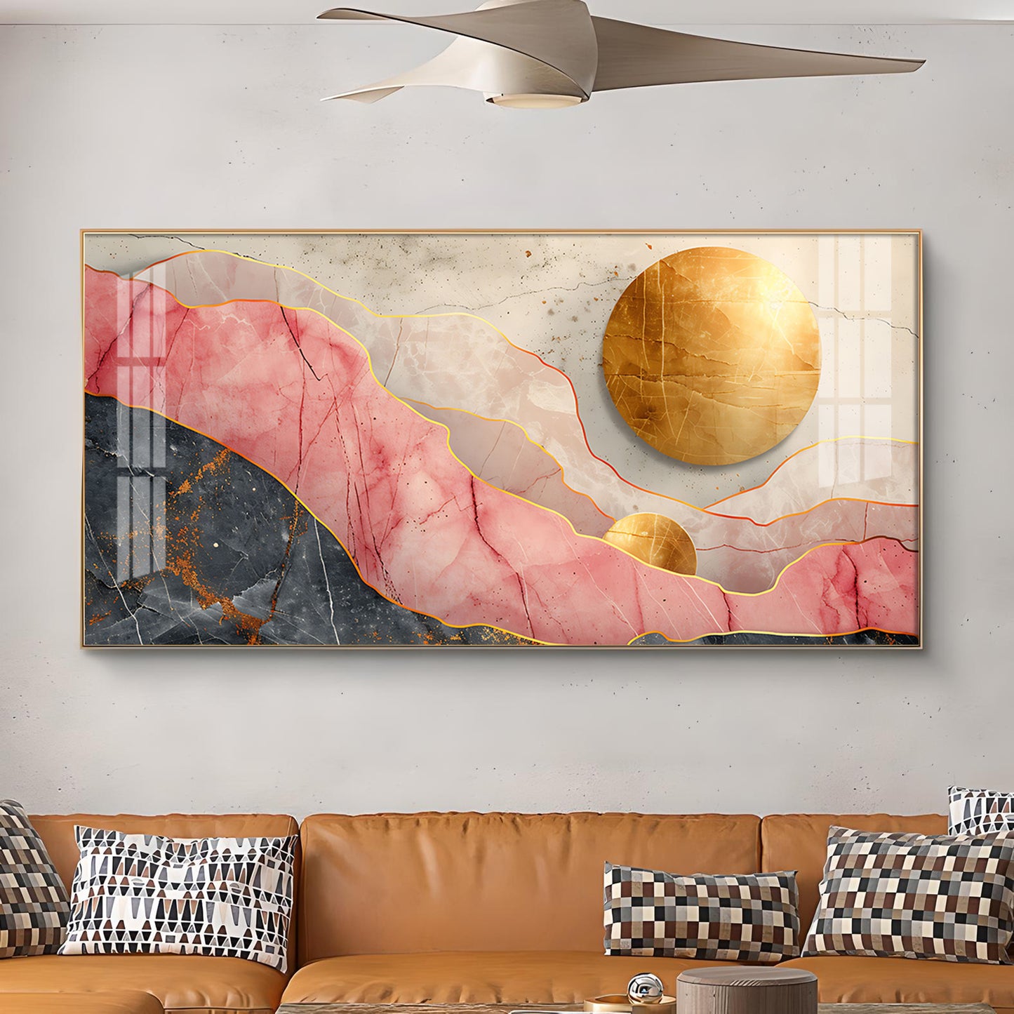 Pink and Gold Marble Stone Texture Glass Finish Horizontal Wall Art