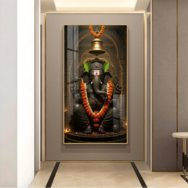 Lord Ganesh Blessing Glass Finish Vertical Wall Art