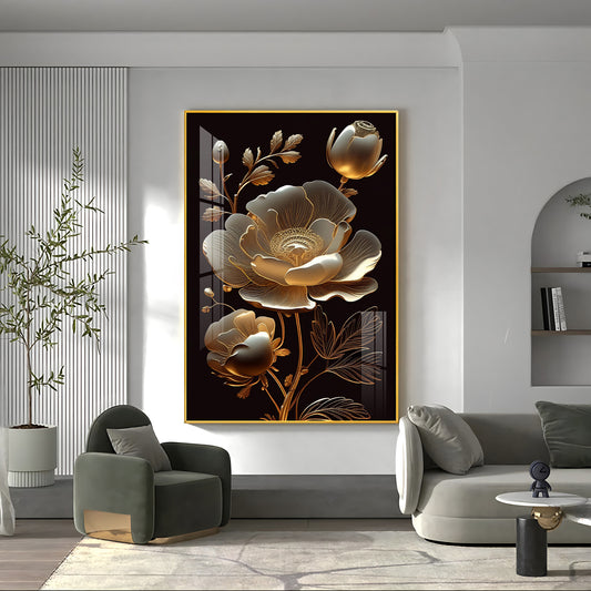Midnight Floral Symphony Glass Finish Vertical Wall Art