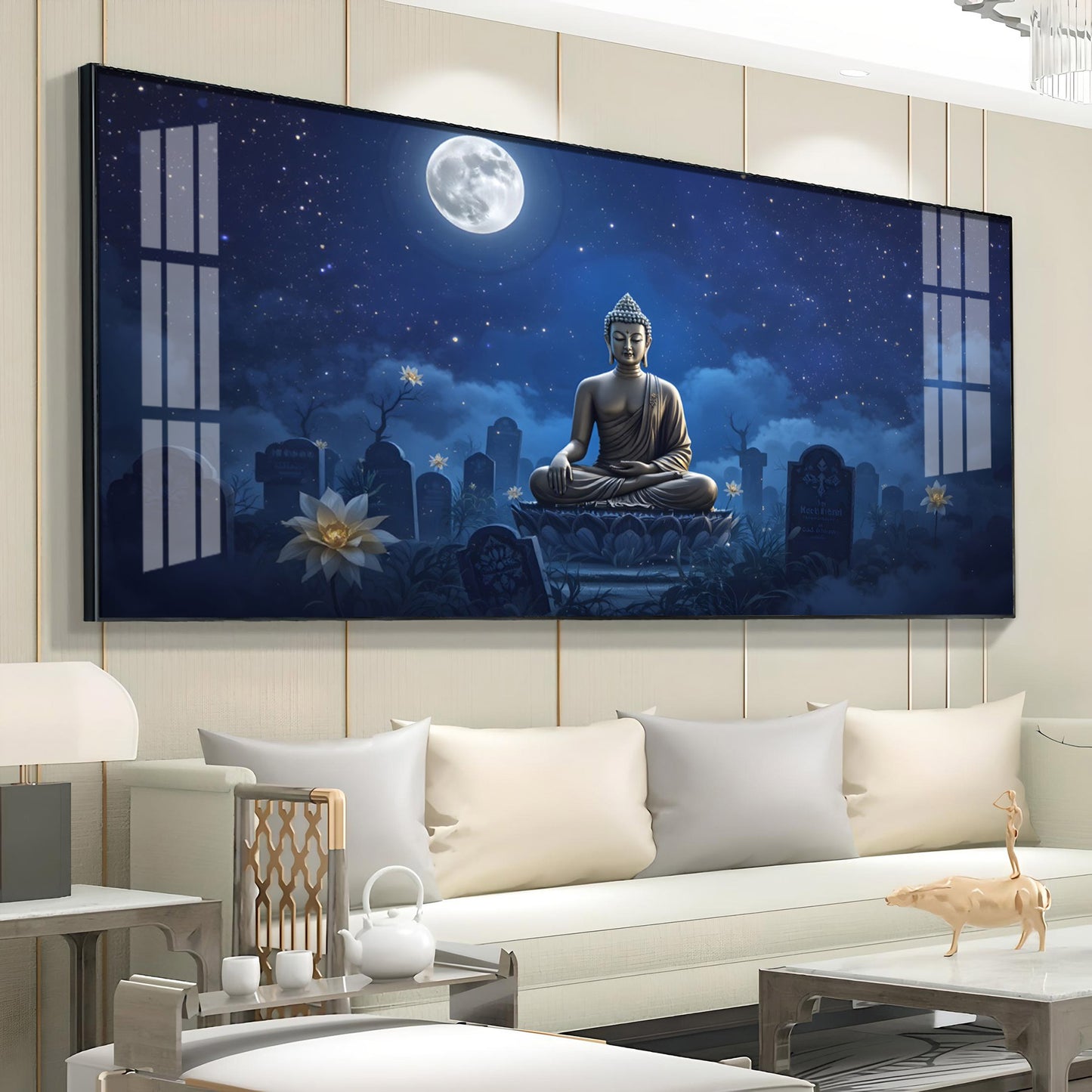 Buddha In Moonlight Glass Finish Horizontal Wall Art