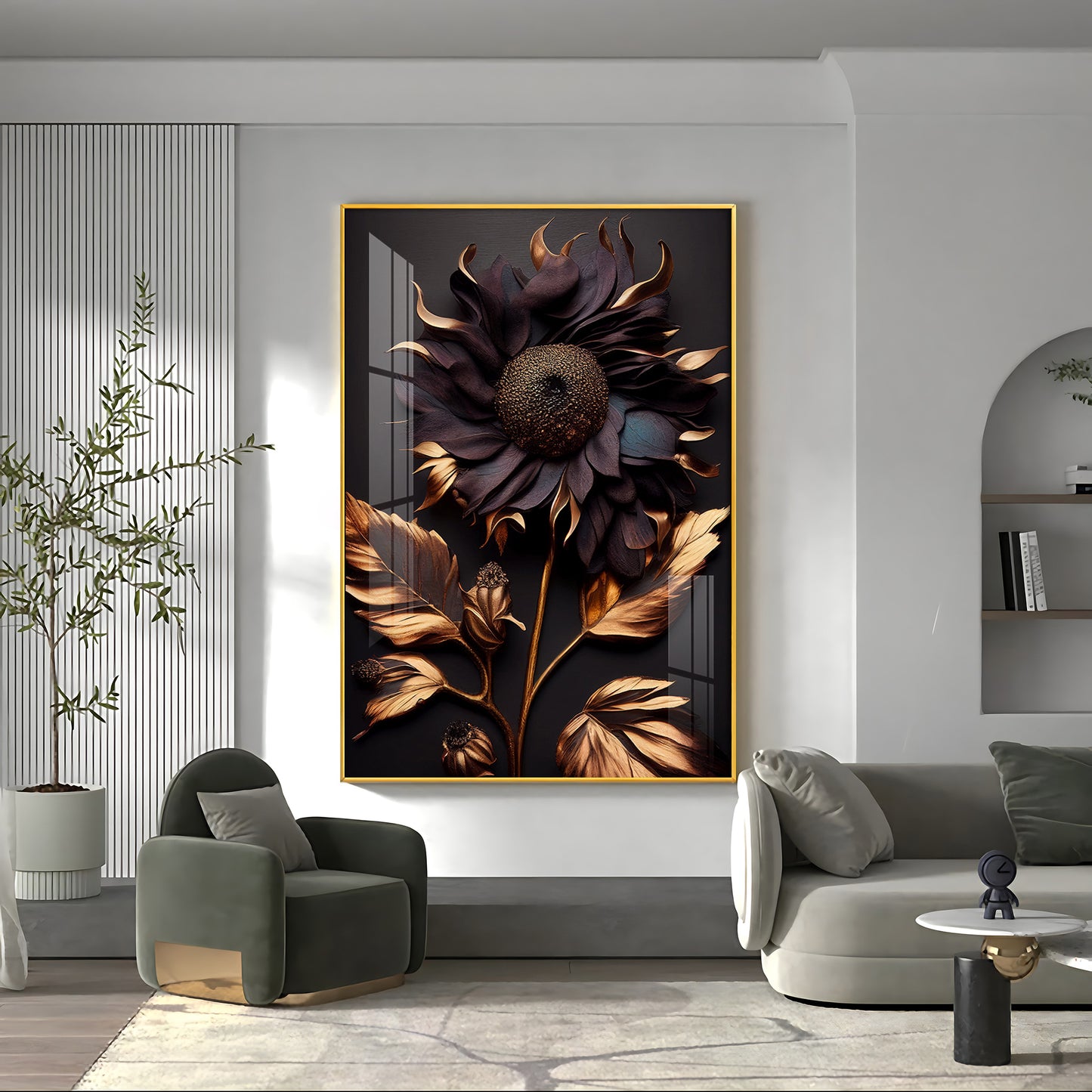 Golden Bloom Artistry Glass Finish Vertical Wall Art