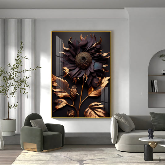 Golden Bloom Artistry Glass Finish Vertical Wall Art