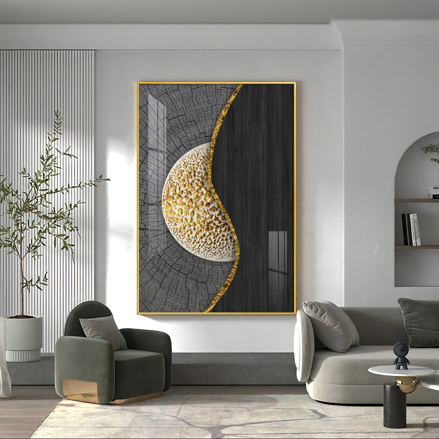 Golden Harmony Glass Finish Vertical Wall Art
