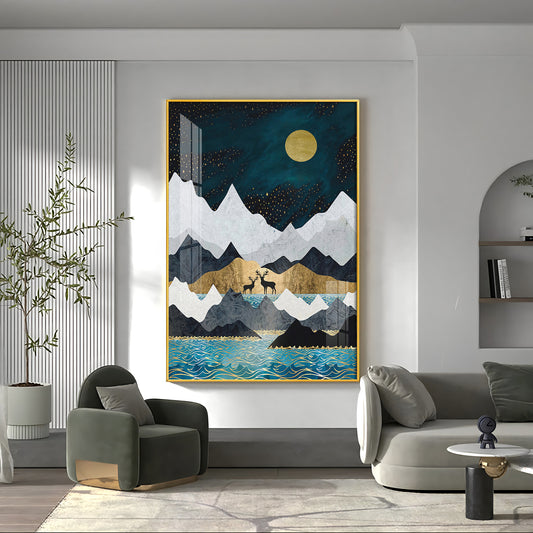 Moonlit Mountain Reverie Glass Finish Vertical Wall Art