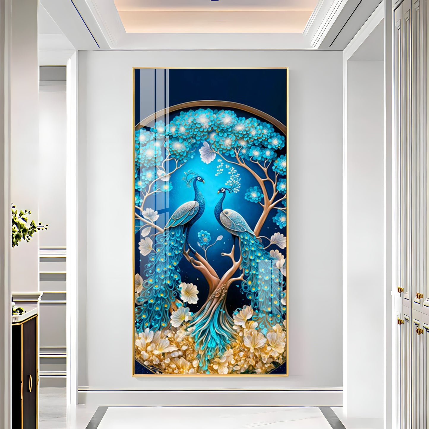 Peacock On Tree Branch Glass Finish Vertical Wall Art