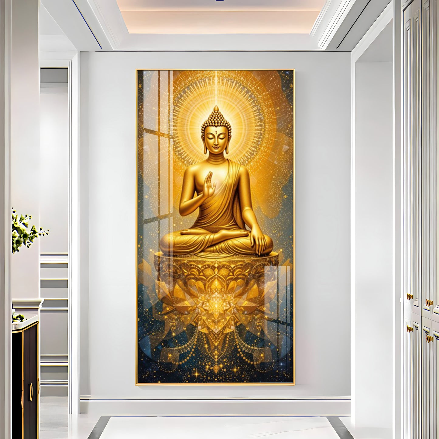 Golden Budha's Aura Glass Finish Vertical Wall Art