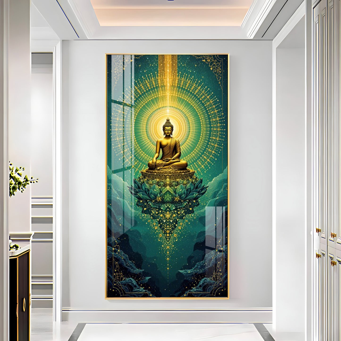 Surreal Energy Of Budha Glass Finish Vertical Wall Art