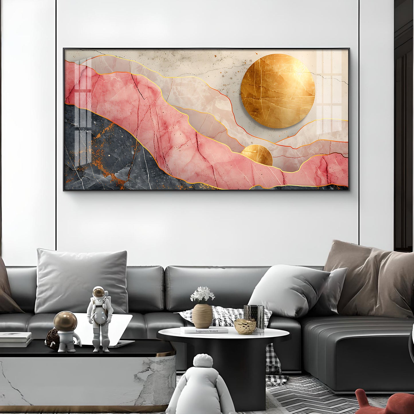 Pink and Gold Marble Stone Texture Glass Finish Horizontal Wall Art