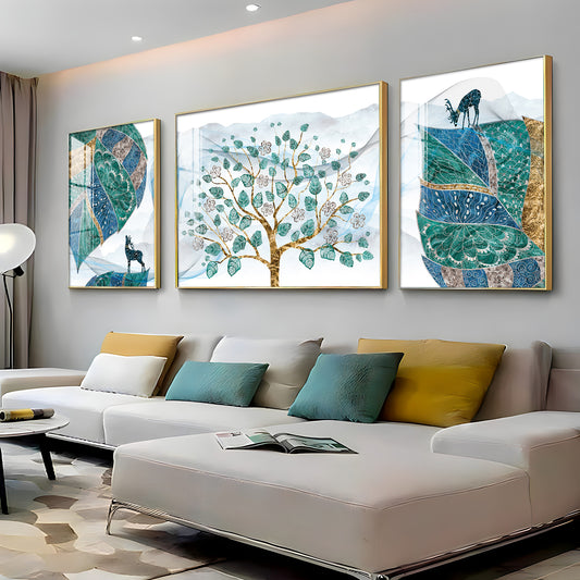 Deer & Tree Elegance Glass Finish Wall Art (Set Of 3)