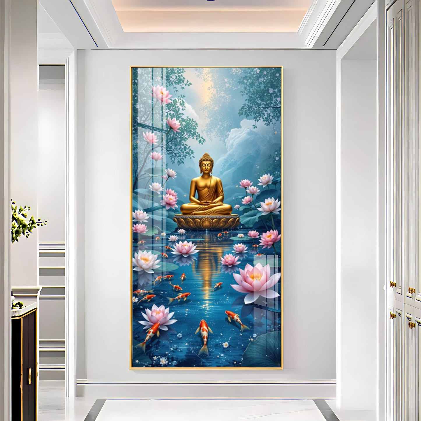 Meditating Budha With Lotus Glass Finish Vertical Wall Art