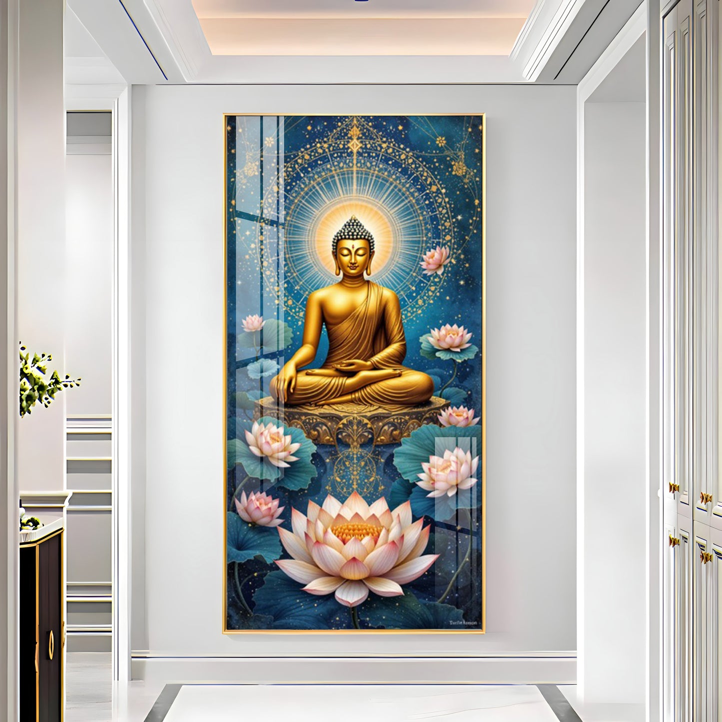 Meditating Buddha With White Lotus Glass Finish Vertical Wall Art