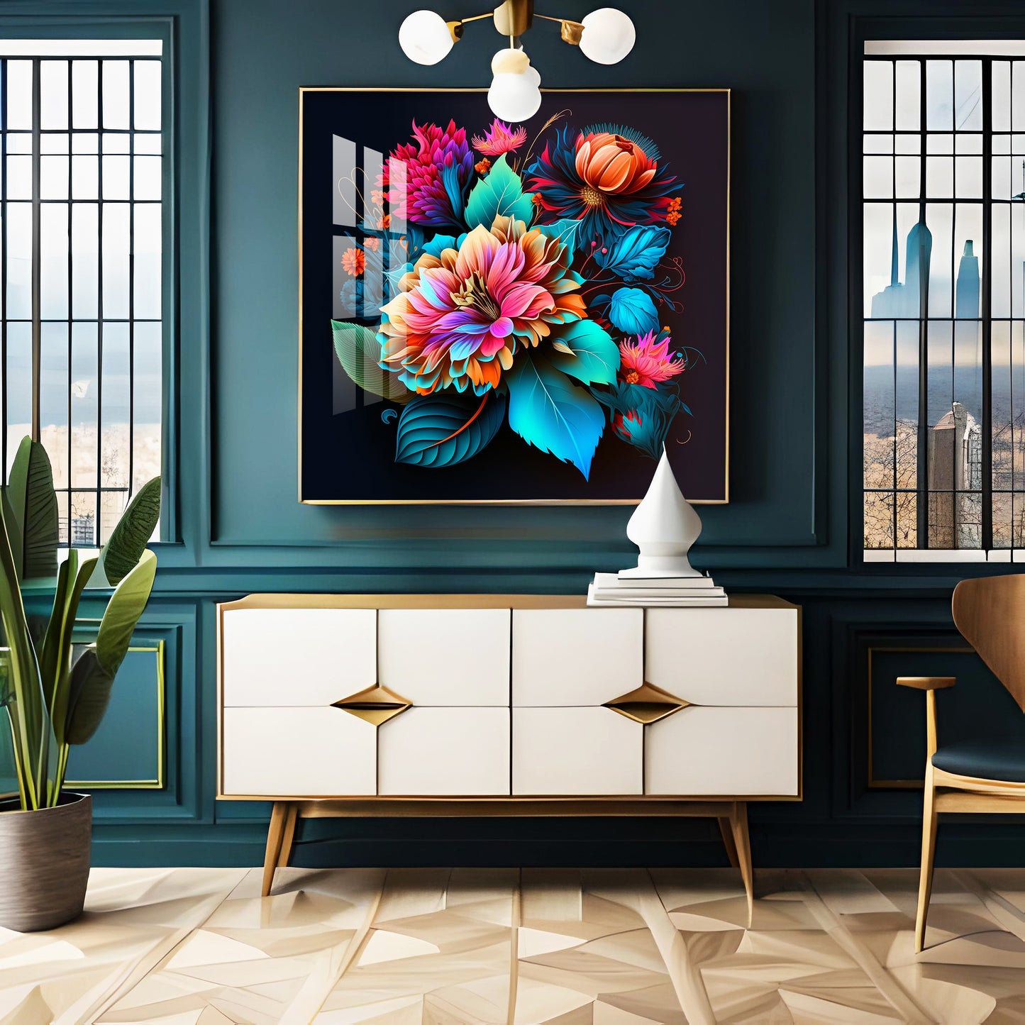 Blossom Noir Glass Finish Square Wall Art