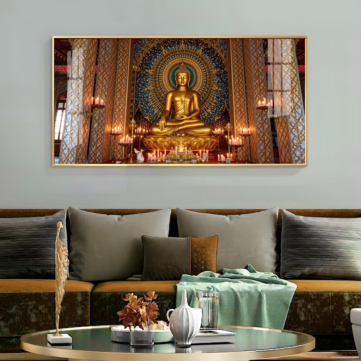 Buddha In Golden Incarnation Glass Finish Horizontal Wall Art