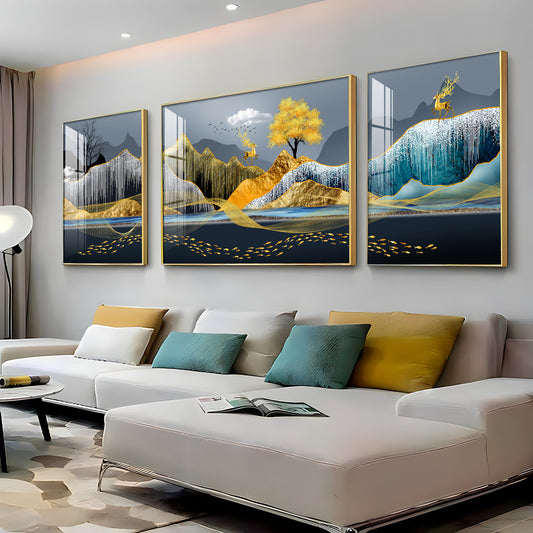 Celestial Mountain Glass Finish Wall Art (Set Of 3)