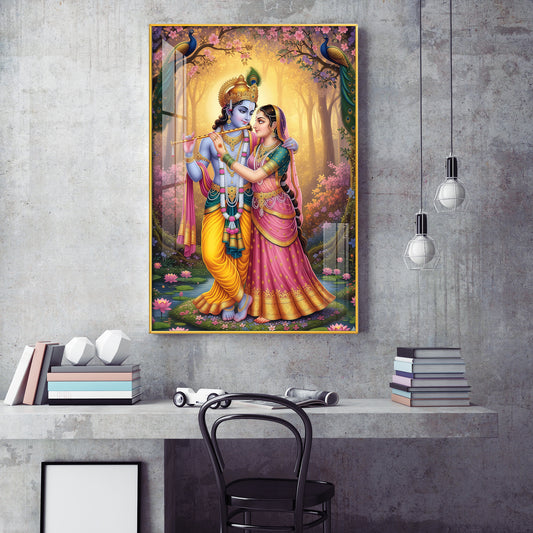 Krishna and Radha Love in Serenity Glass Finish Vertical Wall Art