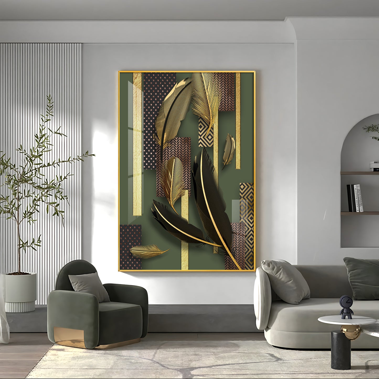 Golden Leaf Elegance Glass Finish Vertical Wall Art