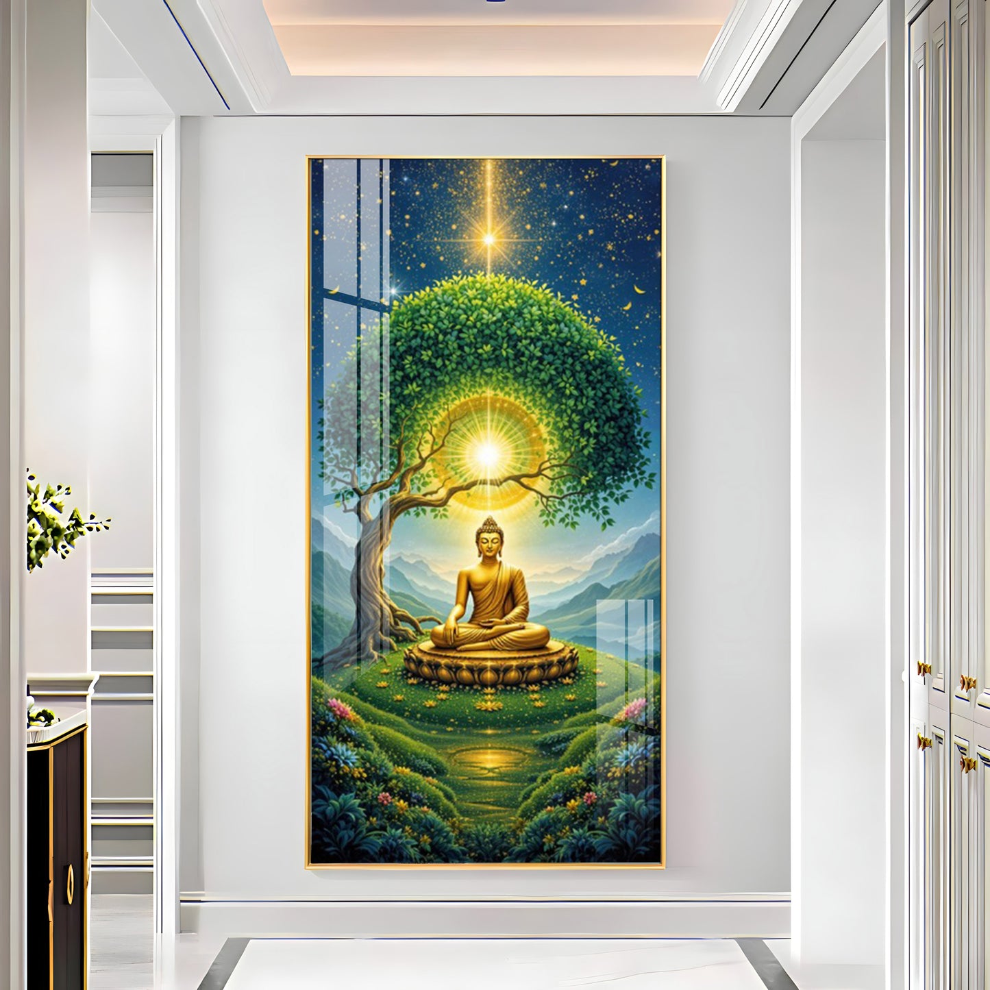 Meditating Buddha In Nature Glass Finish Vertical Wall Art