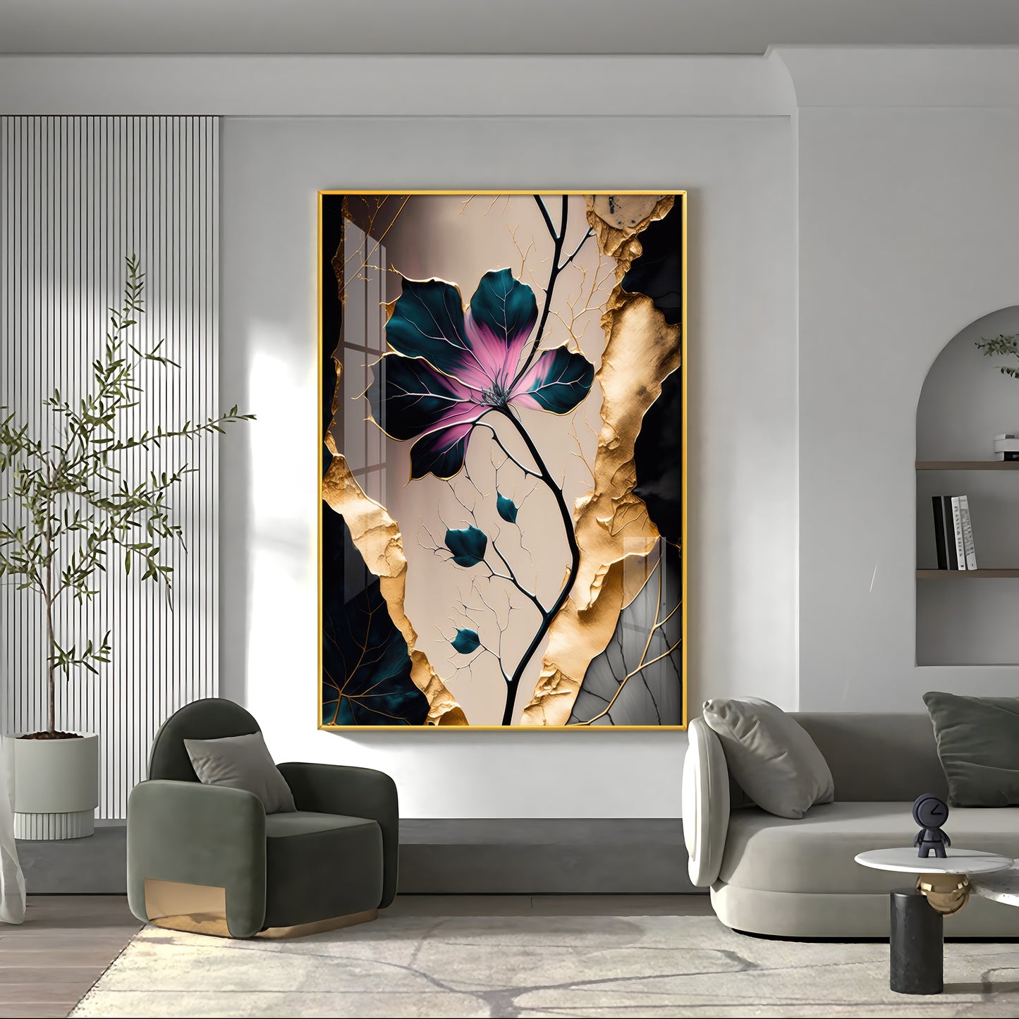 Noir Blossom Majesty Glass Finish Vertical Wall Art