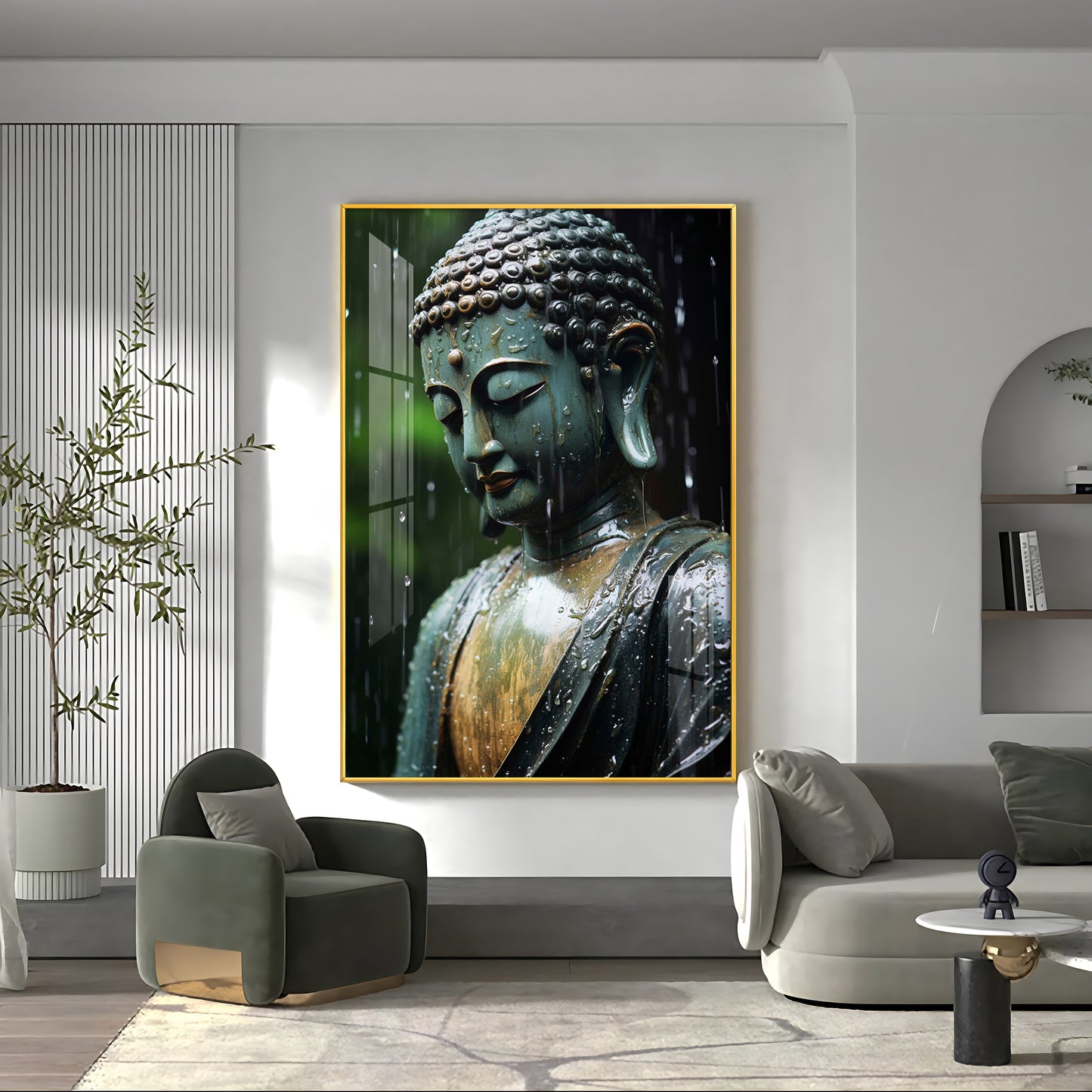 Buddha's Tranquil Embrace Glass Finish Vertical Wall Art