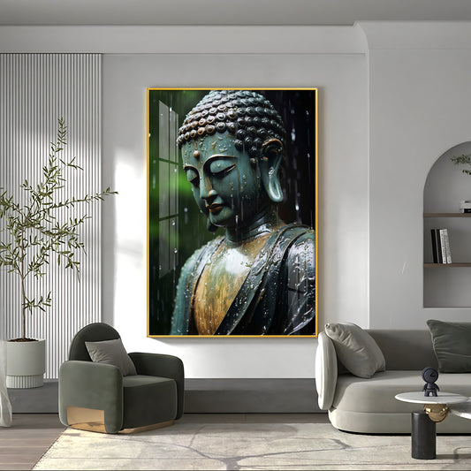 Buddha's Tranquil Embrace Glass Finish Vertical Wall Art