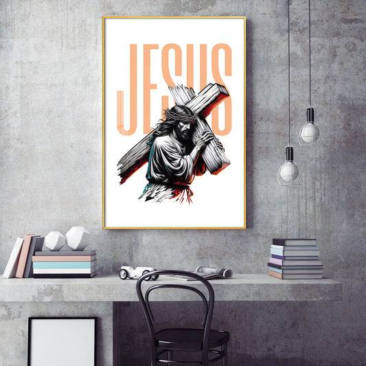 Jesus Christ with Cross Glass Finish Vertical Wall Art