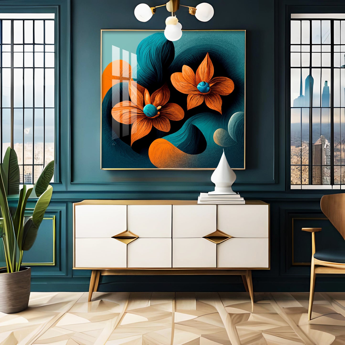 Orange and Blue Blossom Fusion Glass Finish Square Wall Art